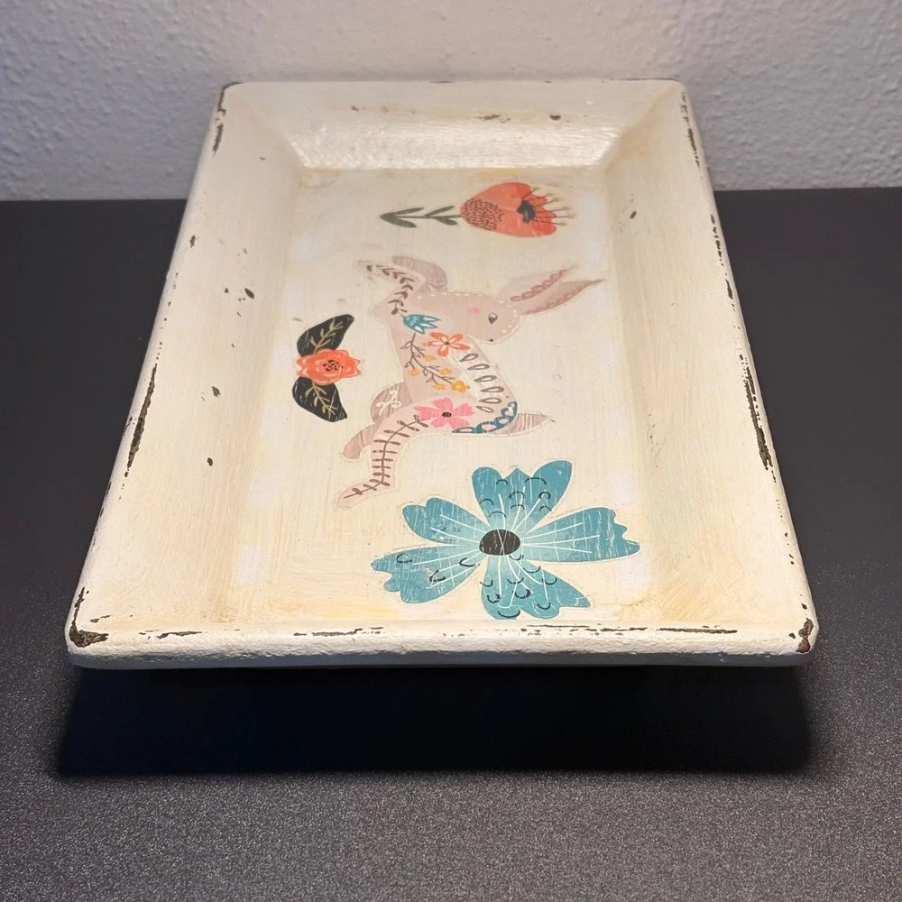 Handpainted Decorative Tray Home Decor Large‎ Cream Excellent Bunny Floral